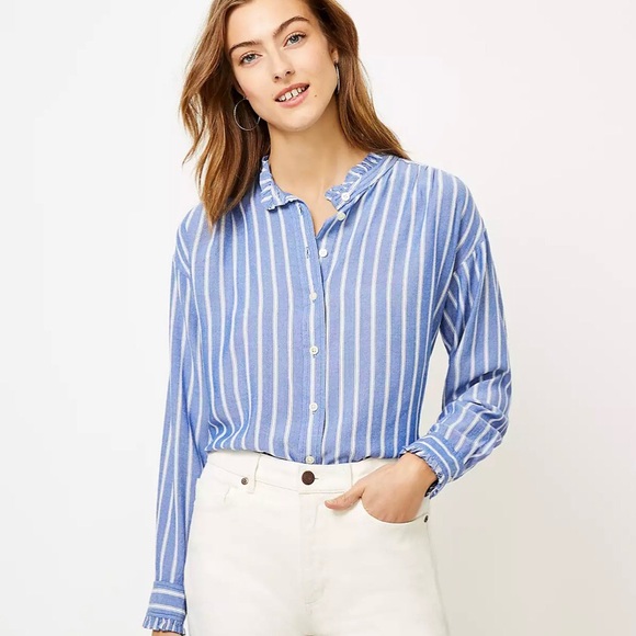 LOFT Tops - NWT | LOFT | Striped Ruffle Trim Shirt